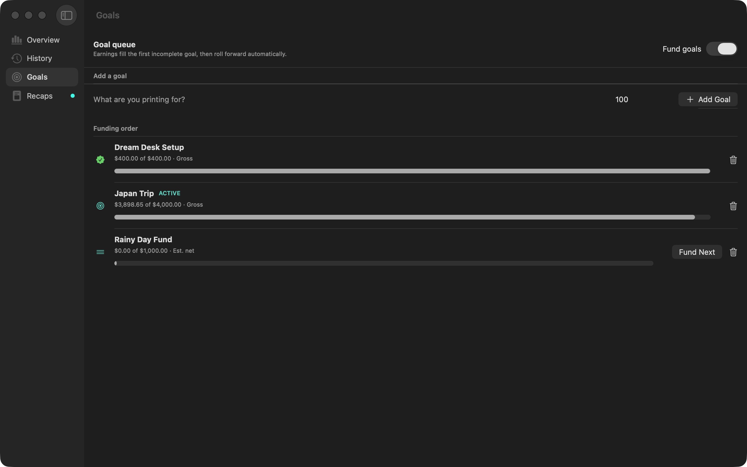 Money Printer goal queue with completed, active, and upcoming savings goals