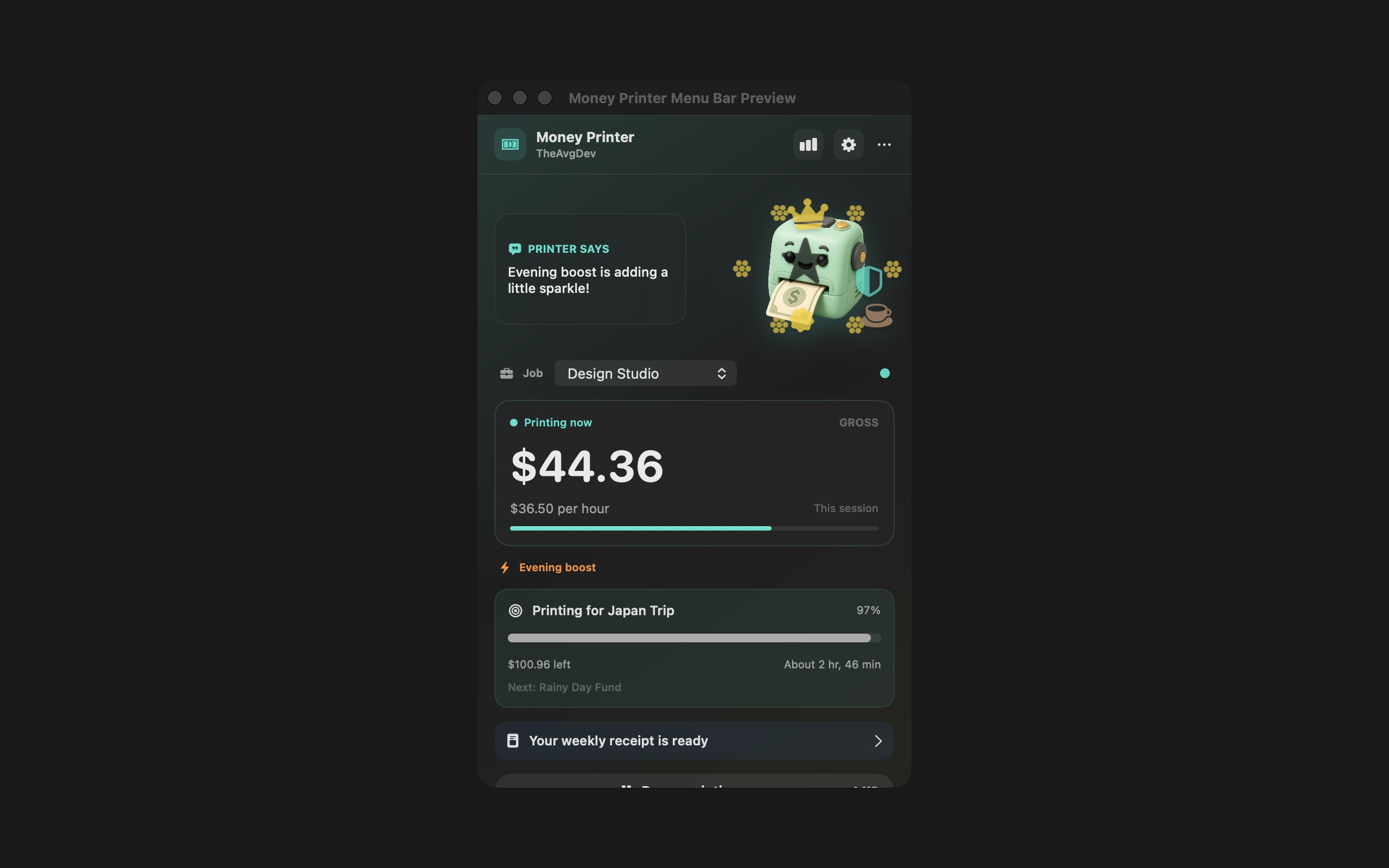 Money Printer menu-bar popover showing a live earnings session and savings goal