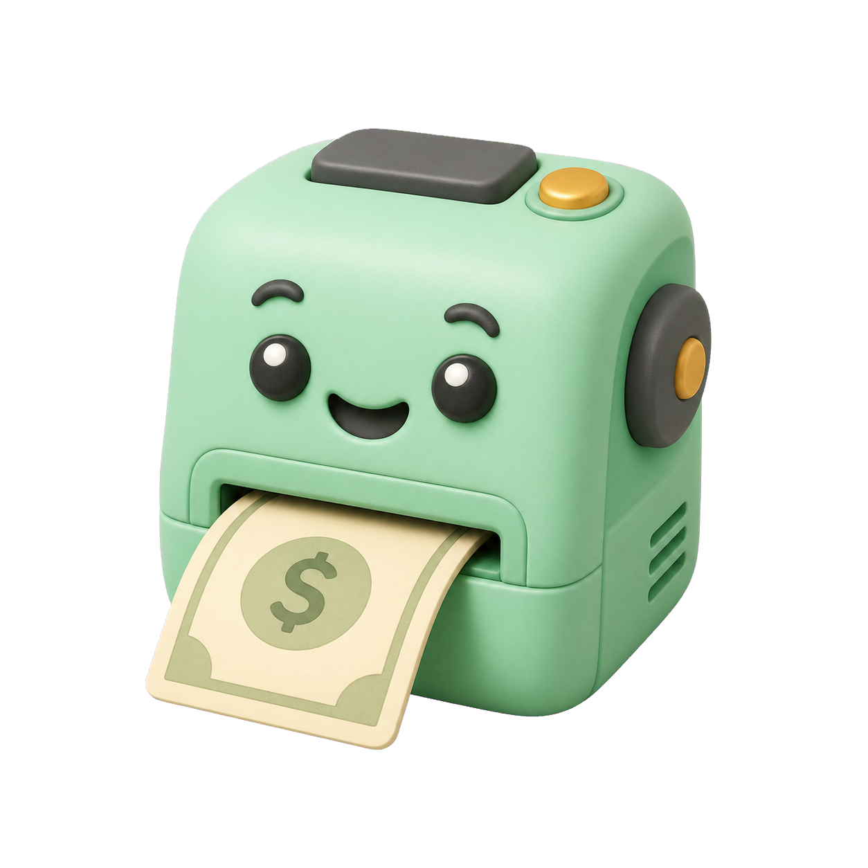 The mint-green Money Printer mascot printing a dollar bill